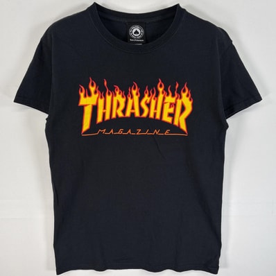 古着 スラッシャー THRASHER 半袖Tシャツ ラバープリント ロゴ ファイヤーデザイン スケボー S ブラック メンズ