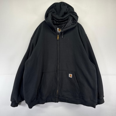 古着 カーハート Carhartt パーカー フルジップ 裏地ナイロン スウェット 大きいサイズ 中綿 4XL ブラック系 メンズ