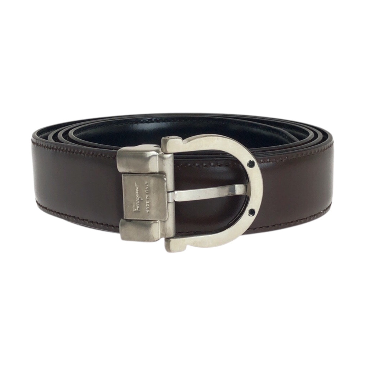 美品 Salvatore Ferragamo サルヴァトーレフェラガモ ガンチーニ リバーシブル ベルト サイズ115 ブラウン ブラック シルバー金具 レザー 真鍮/ ベルト 1-0294247 【中古】