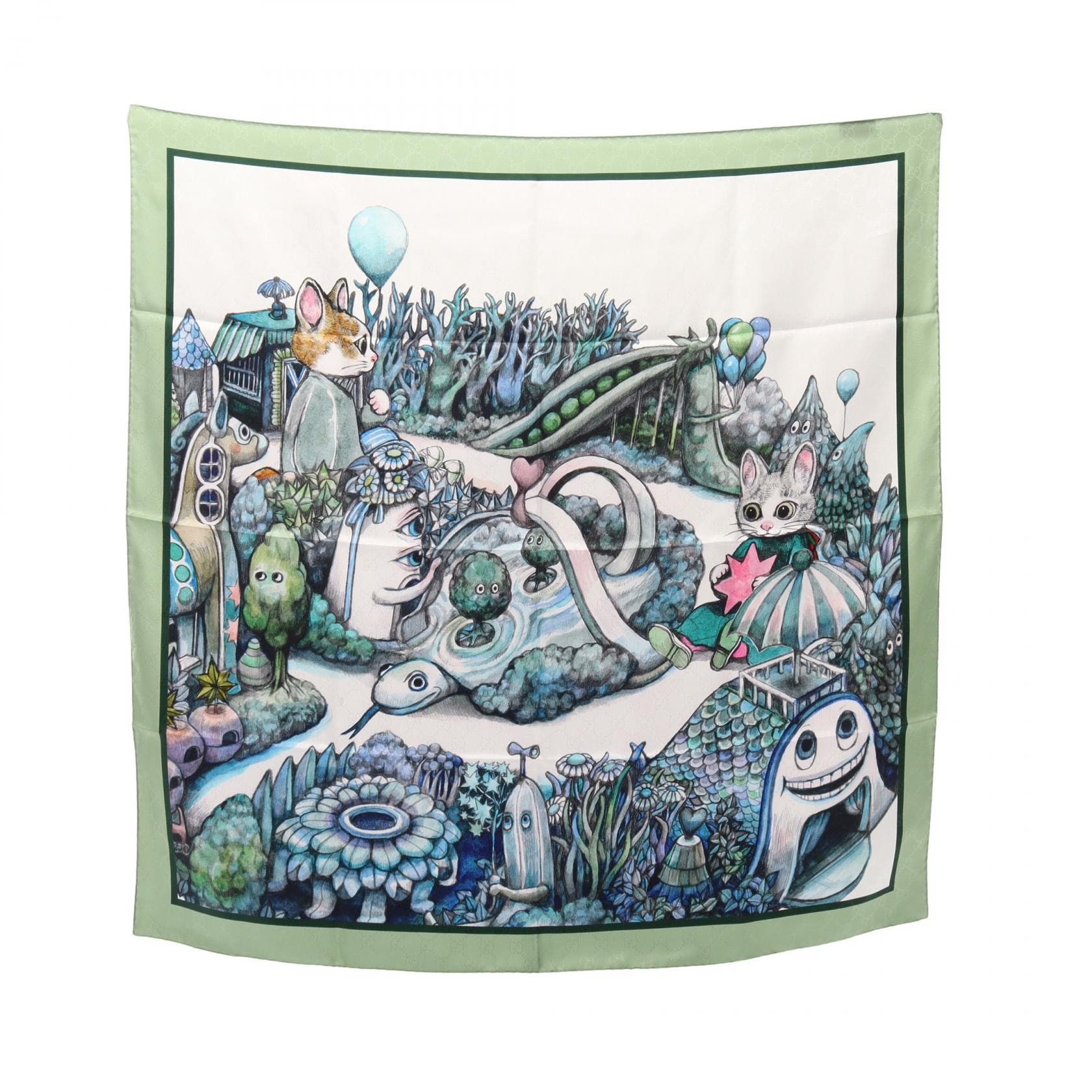 グッチ GUCCI GUCCI × ヒグチユウコ GG柄 スカーフ 衣料品 シルク レディース グリーン系 / マルチカラー 【中古】