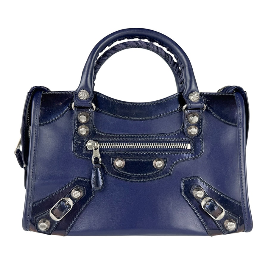 バレンシアガ BALENCIAGA ハンドバッグ ショルダーバッグ ジャイアント ミニ シティ レザー/パテントレザー ネイビー レディース 309544【中古】 z8851