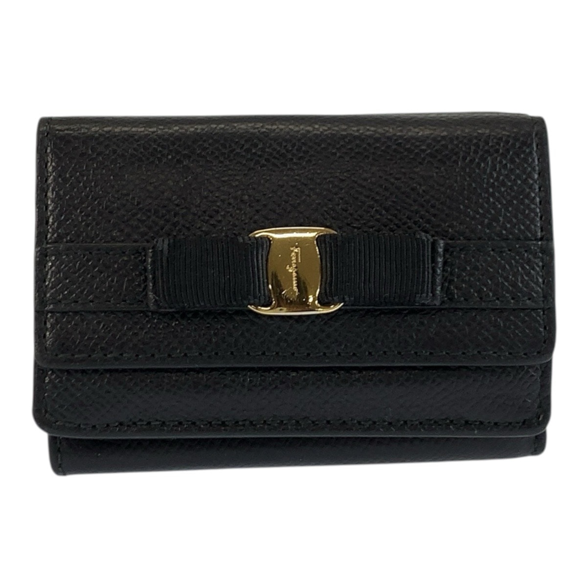 美品 Salvatore Ferragamo サルヴァトーレフェラガモ ヴァラリボン ブラック 黒 ゴールド金具 レザー 折財布 コンパクトウォレット 603960 【中古】