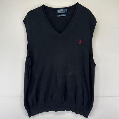 古着 ポロバイラルフローレン Polo by Ralph Lauren ベスト Vネック ワンポイントロゴ刺繍 薄手 2XL ブラック系 メンズ