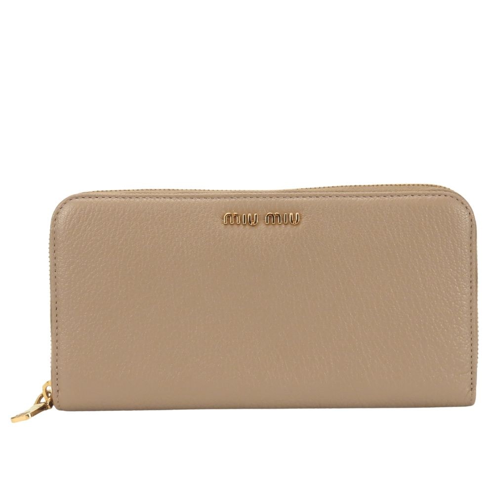 【中古】美品 ミュウミュウ 長財布 ラウンドファスナー 5M0506 レザー CAMMEO ピンクベージュ ゴールド金具 くすみカラー シンプル 小物 レディース 女性 MIUMIU