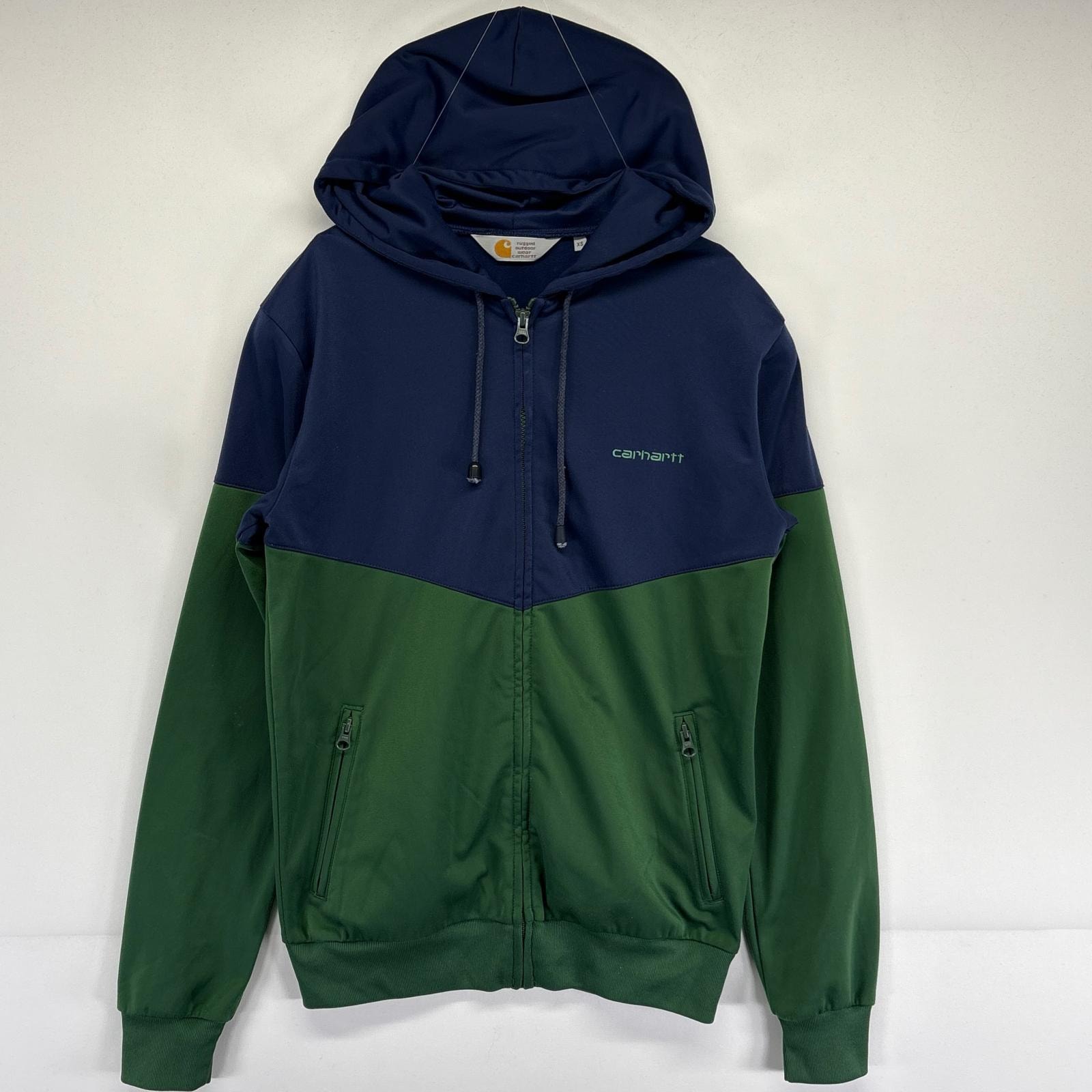 古着 カーハート Carhartt パーカー ジャージ生地 トラックジャケット ワンポイントロゴ フード ワーク XS ネイビー メンズ