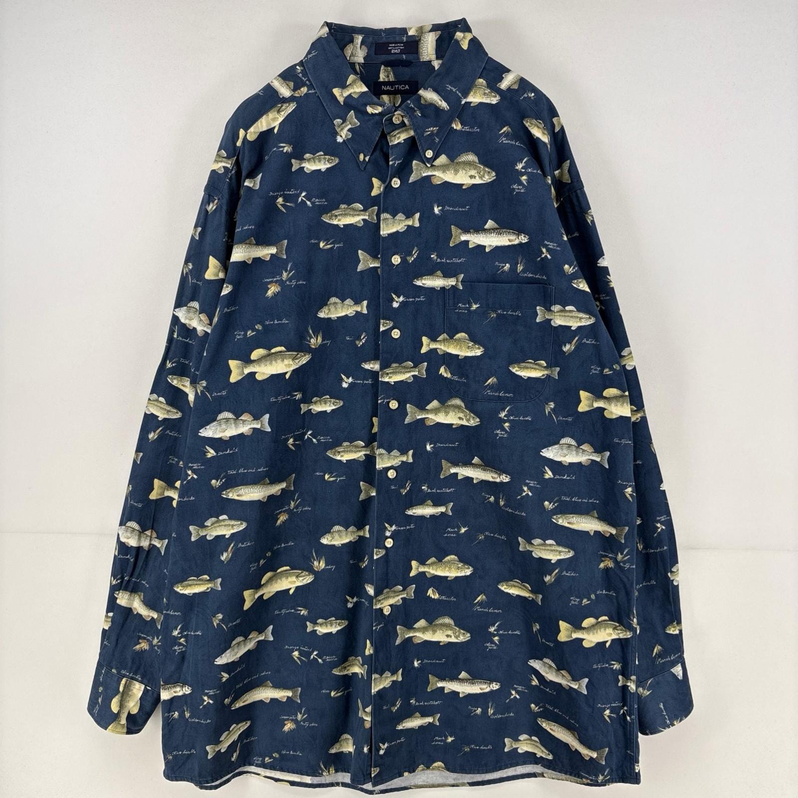 古着 ノーティカ NAUTICA 長袖シャツ ボタンダウン 総柄 魚柄 柄シャツ 厚手 大きいサイズ フィッシュ 2XL ブルー系 総柄 メンズ