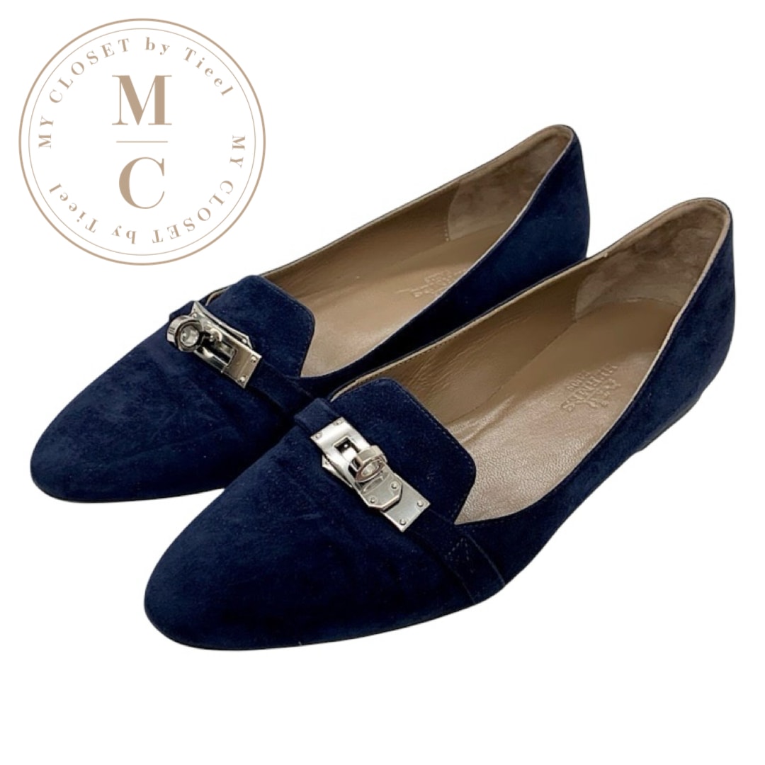 エルメス HERMES ぺガス フラットシューズ 靴 シューズ スエード ネイビー シルバー ケリー金具 ローファー