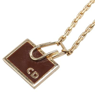 ディオール ロゴプレート チェーン ペンダントネックレス ゴールド ブラウン メッキ レディース Dior 中古