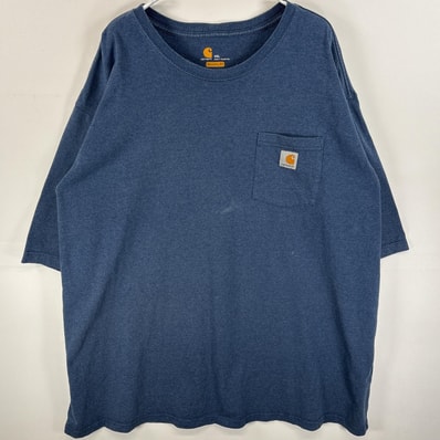 古着 カーハート Carhartt 半袖Tシャツ 混色生地 ワンポイント ロゴ 胸ポケ 4XL ブルー系 無地 メンズ