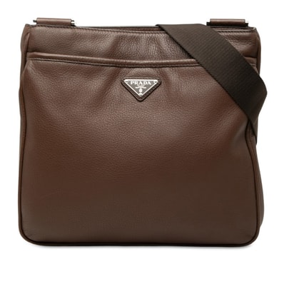 プラダ 三角ロゴプレート 斜め掛け ショルダーバッグ ブラウン レザー レディース PRADA 中古