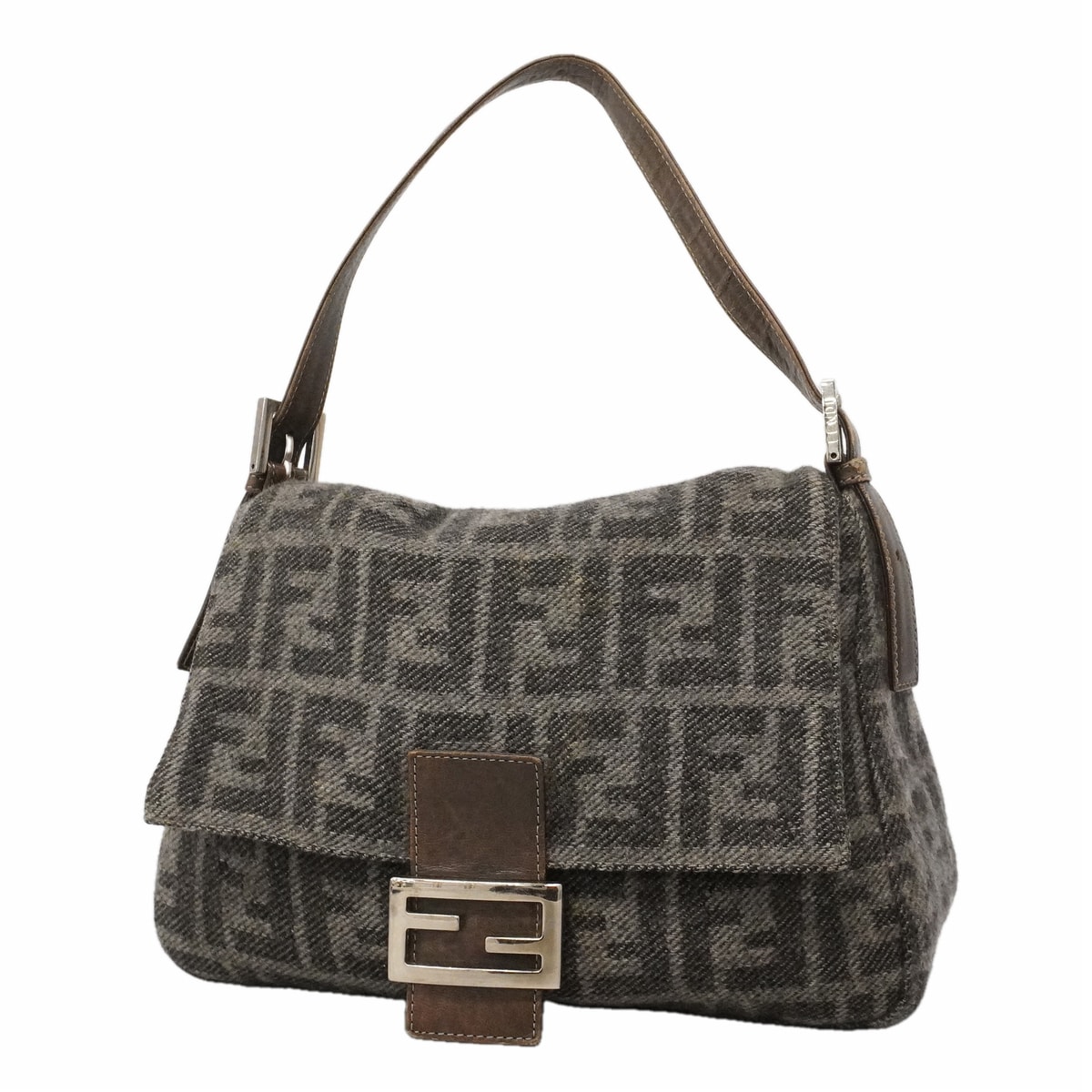 ★最終価格★SALE【6ie6657】フェンディ ショルダーバッグ ズッカ マンマバケット ニット グレー シルバー金具【中古】レディース