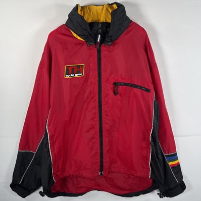 古着 90's/90年代 トミーヒルフィガー TOMMY HILFIGER ナイロンジャケット 収納フード付き サイクルギア ワンポイントロゴ L レッド メンズ