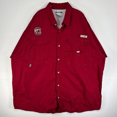 古着 コロンビア Columbia 半袖シャツ PFG フィッシングギア 大きいサイズ ワンポイント ロゴ 2XL レッド 無地 メンズ