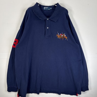 古着 90's/90年代 ポロバイラルフローレン Polo by Ralph Lauren 鹿の子 長袖 ポロシャツ 刺繍 ワッペン 2ボタン 大きいサイズ 4XB BIG ネイビー 無地 メンズ
