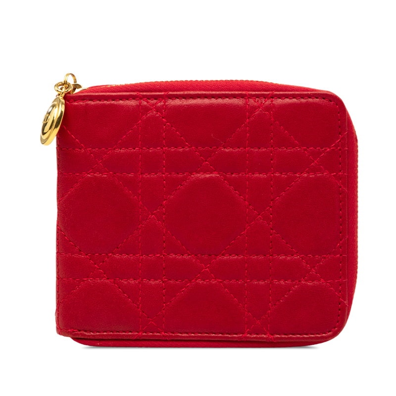 ディオール カナージュ 二つ折り財布 レッド ラムスキン レディース Dior 【中古】