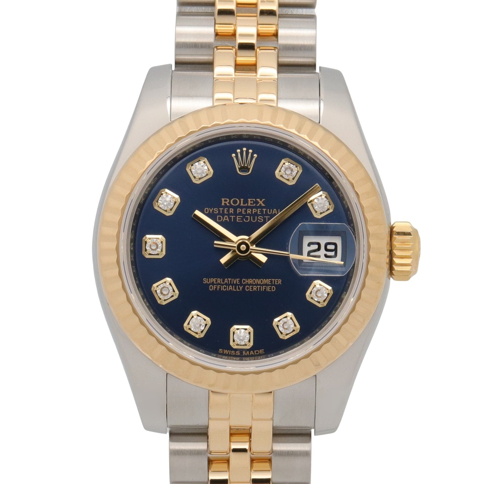 ロレックス ROLEX デイトジャスト 10Pダイヤ ランダム番 腕時計 時計 K18(イエローゴールド) ステンレススチール ダイヤモンド レディース ブルー系 新ダイヤ 179173G 【中古】