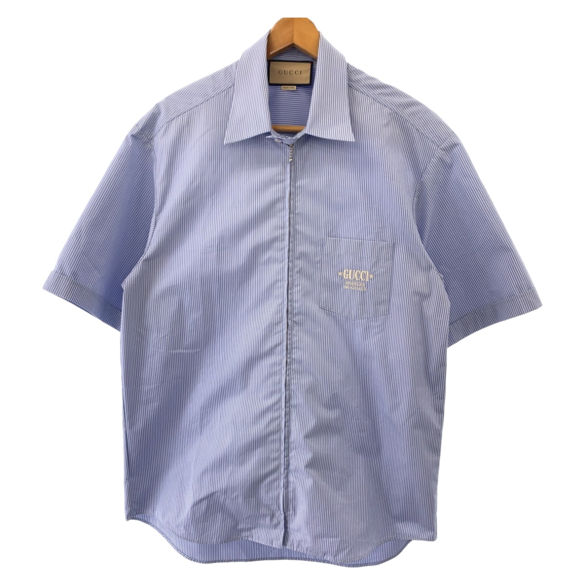 超美品 GUCCI グッチ 23SS エンブロイダリー ロゴ刺繍 サイズ48 ブルー ホワイト コットン 半袖シャツ カットソー 504751 【中古】
