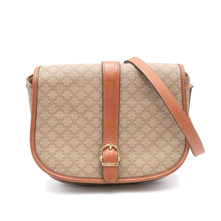 CELINE(セリーヌ)マカダム ヴィンテージ ショルダーバッグ 斜め掛け フラップバッグ ベージュ ブラウン PVCコーティングキャンバス レザー ゴールド金具 レディース【中古】