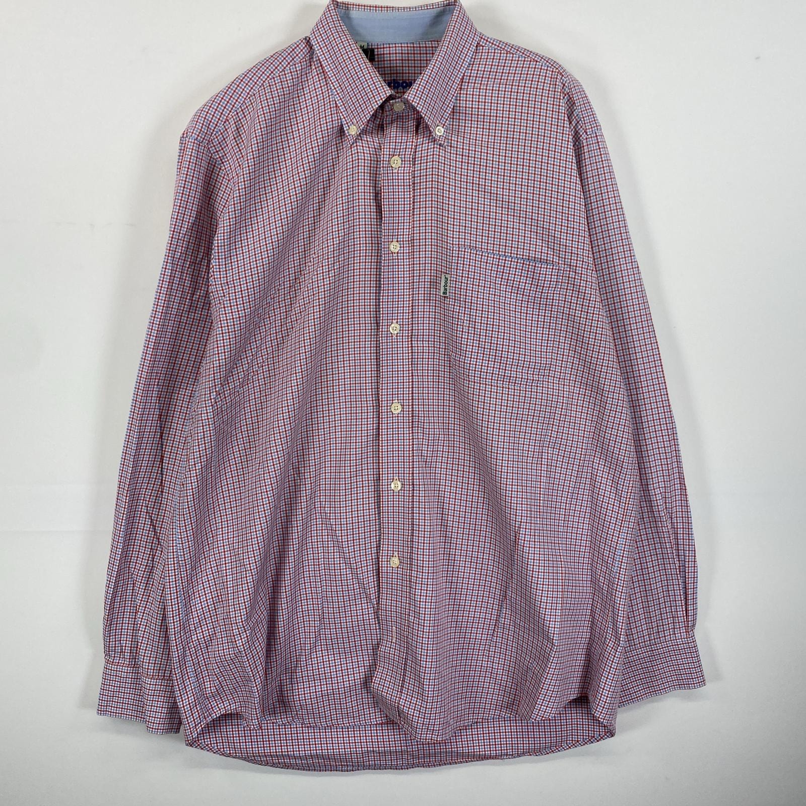 古着 バブアー Barbour 長袖シャツ ボタンダウン ワンポイントロゴ刺繍 胸ポケット M  レッド系 チェック メンズ