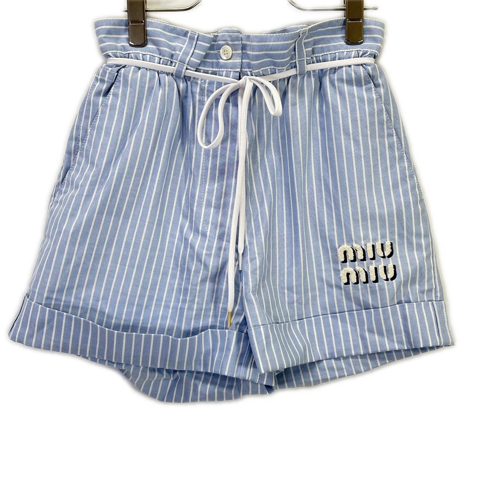 ミュウミュウ 21SS ブルー×ホワイト MP1549 シェニールロゴストライプハーフパンツ 36