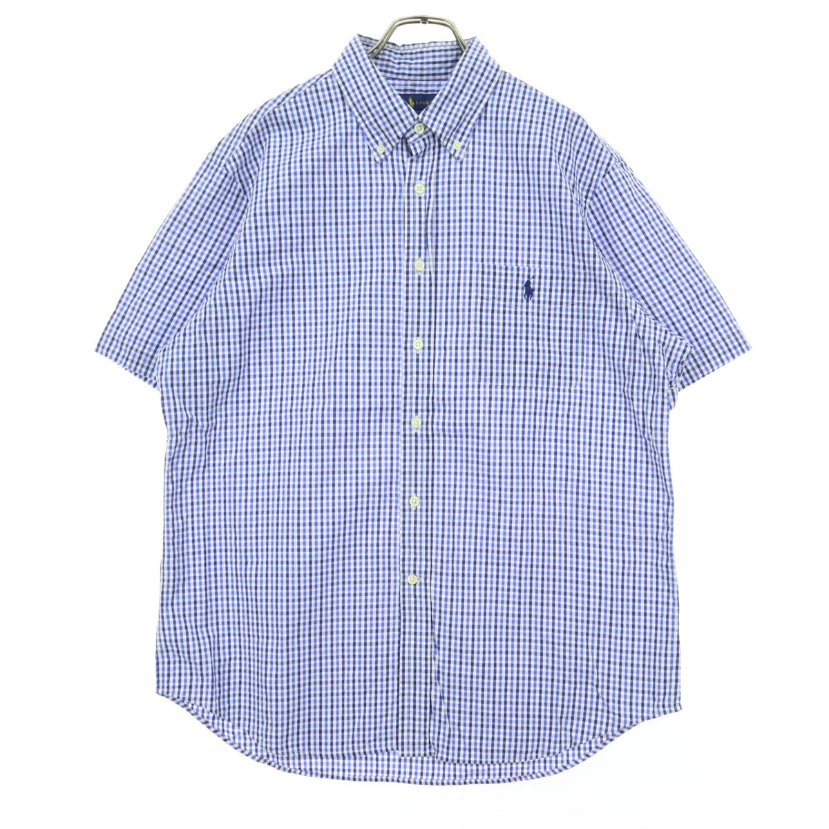 美品 RALPH LAUREN ラルフローレン ギンガムチェック柄 半袖 ボタンダウンシャツ L ブルー