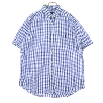 美品 RALPH LAUREN ラルフローレン ギンガムチェック柄 半袖 ボタンダウンシャツ L ブルー