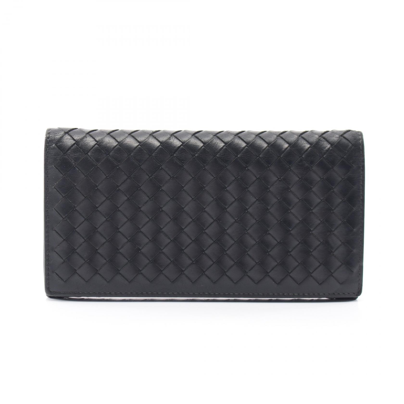 ボッテガヴェネタ BOTTEGA VENETA イントレチャート 二つ折り長財布 財布 レザー メンズ レディース ブラック系 【中古】
