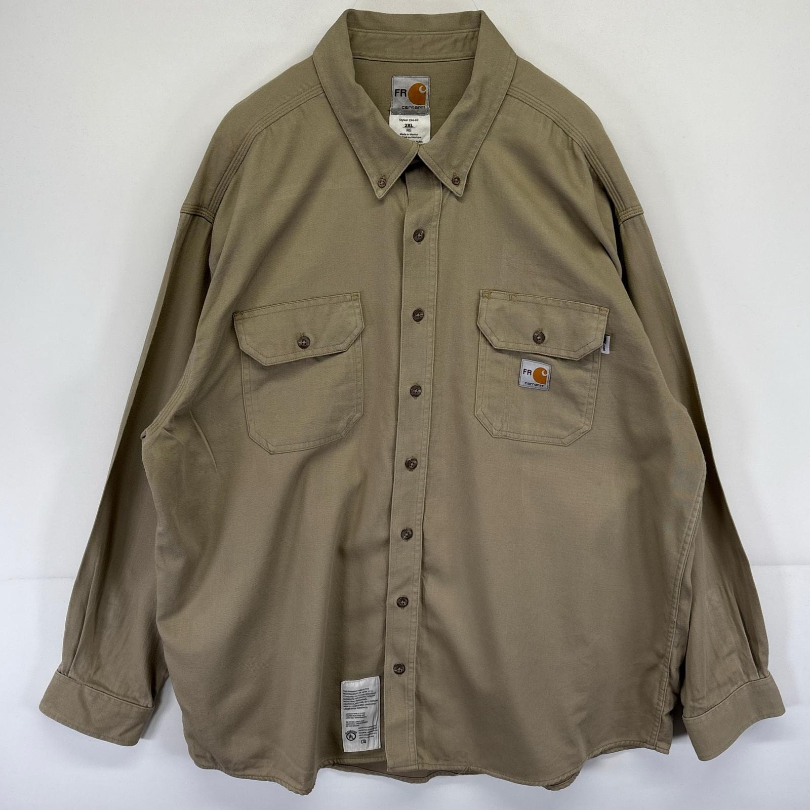 古着 カーハート Carhartt 長袖シャツ ボタンダウン 大きいサイズ 胸ポケット 大きいサイズ 厚手 2XL  ベージュ系 メンズ