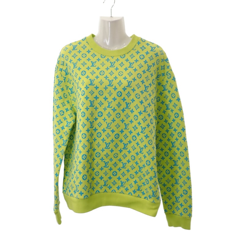 ルイヴィトン LOUIS VUITTON モノグラムプリント クルーネック M スウェット コットン ライム×ライトブルー メンズ レディース【中古】【Aランク】