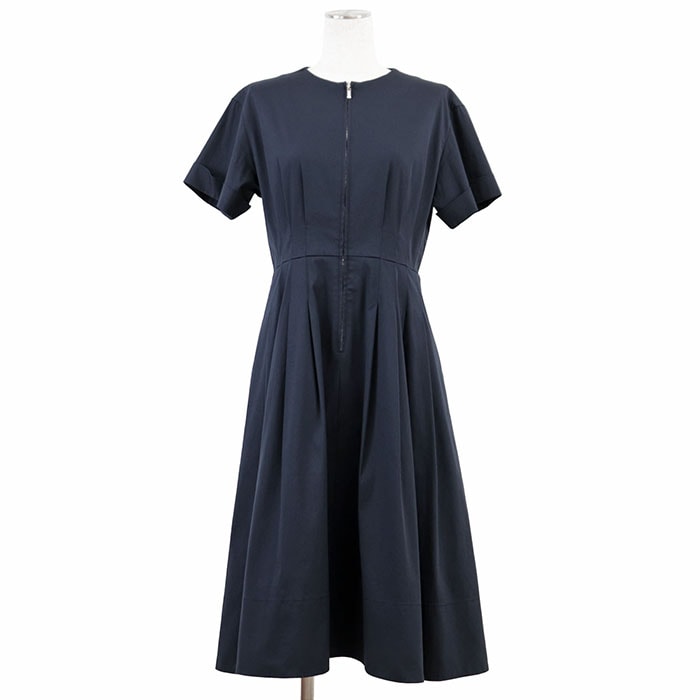 美品 フォクシー 41451 ロゴ フレア ワンピース レディース ダークネイビー 40 FOXEY