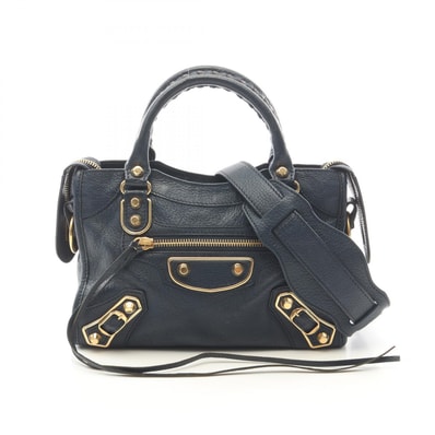 バレンシアガ BALENCIAGA クラシック メタリック エッジ ミニ シティ 2WAY ハンドバッグ バッグ レザー レディース ネイビー系 390160 【中古】