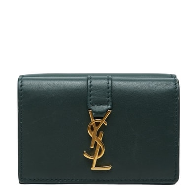 サンローラン YSLロゴ 三つ折り財布 コンパクトウォレット グリーン レザー レディース SAINT LAURENT 【中古】