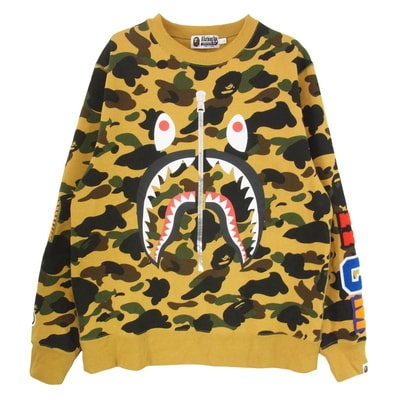 A BATHING APE アベイシングエイプ スウェット 1ST CAMO SHARK CREWNECK ファーストカモ シャーク クルーネック スウェット ショルダー WGM ワッペン イエローカモ ブラウン系 L【中古】