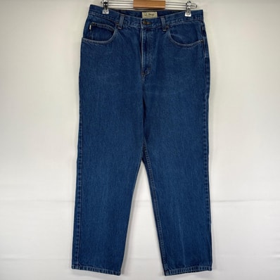 古着 エルエルビーン L.L.Bean デニム パンツ テーパード レザーパッチ ジーパン ジッパーフライ W36×L30 ブルー系 メンズ