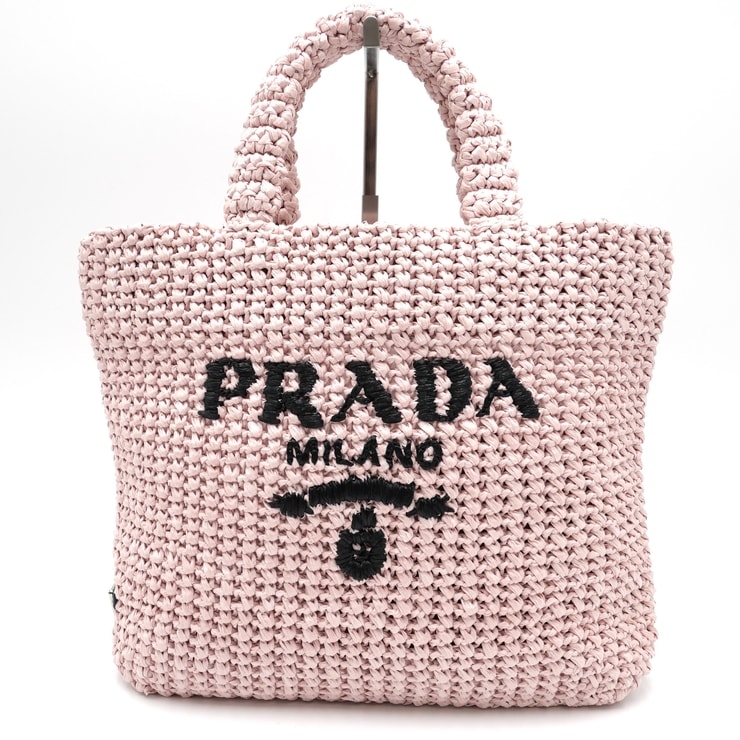 PRADA(プラダ)スモール クロシェ トートバッグ ハンドバッグ ラフィア風 ピンク ブラック ロゴ刺繍 トライアングルロゴ レディース 1BG422【中古】