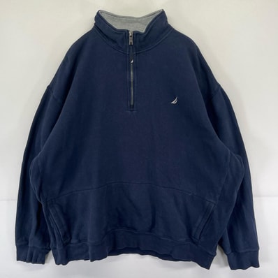 古着 ノーティカ NAUTICA スウェット ハーフジップ ロゴ トレーナー リバースタイプ 大きいサイズ 2XL ネイビー系 メンズ
