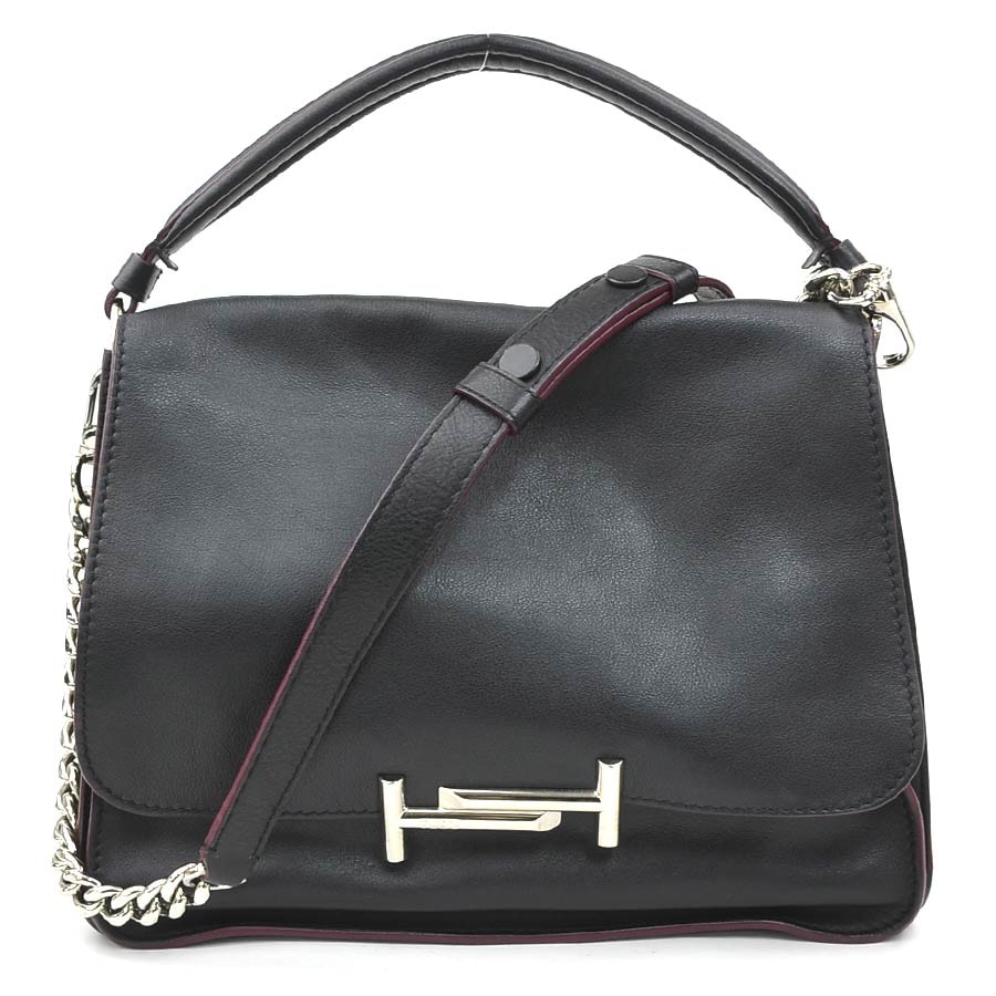 トッズ TOD’S ハンドバッグ ショルダーバッグ ダブルT レザー ブラック レディース【中古】 h31595a