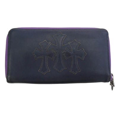CHROME HEARTS クロムハーツ(原本無) REC ZIP 3PTCH 3セメタリー クロスパッチ ラウンドファスナー 長財布 ネイビー系 パープル系【中古】