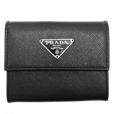 PRADA プラダ コインケース サフィアーノ トライアングルロゴ 小銭入れ コンパクトウォレット レザー ブラック 黒 シルバー金具 レディース 美品【中古品】