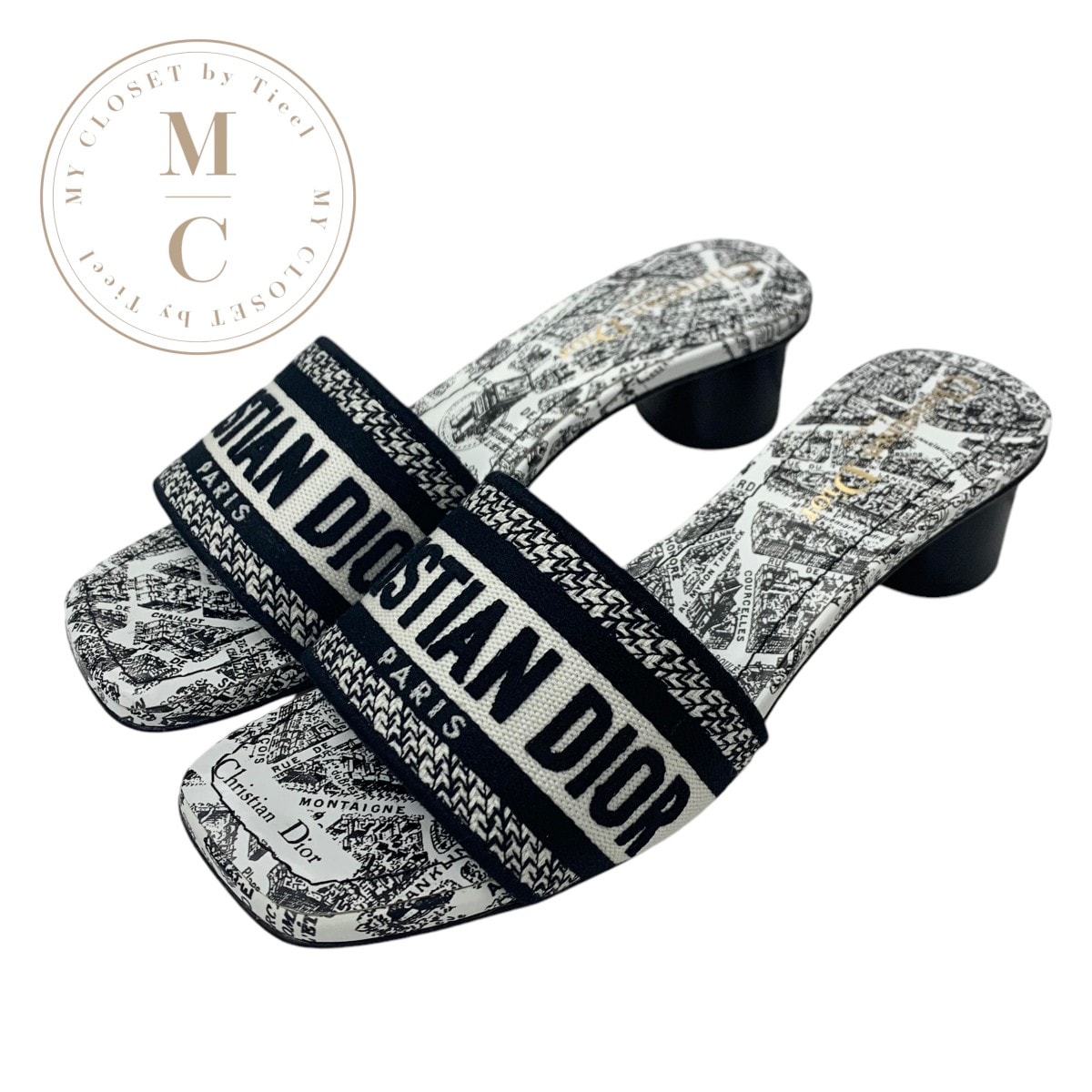 クリスチャンディオール CHRISTIAN DIOR DWAY サンダル 靴 シューズ ファブリック ホワイト ブラック ミュール 刺繍 エンブロイダリー ロゴ