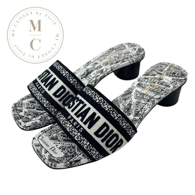 クリスチャンディオール CHRISTIAN DIOR DWAY サンダル 靴 シューズ ファブリック ホワイト ブラック ミュール 刺繍 エンブロイダリー ロゴ