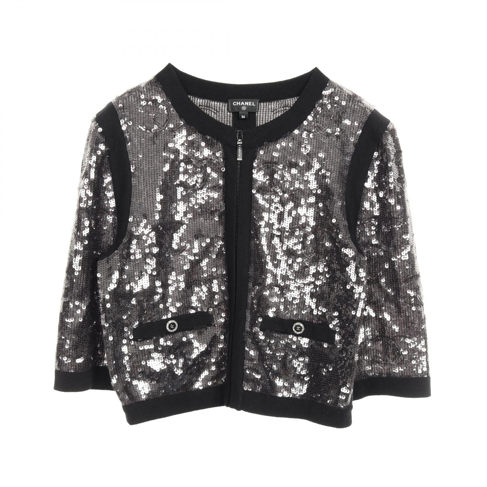 シャネル CHANEL ココマーク スパンコール ノーカラージャケット 衣料品 アウター ナイロン コットン レディース ブラック系 P72744 【中古】