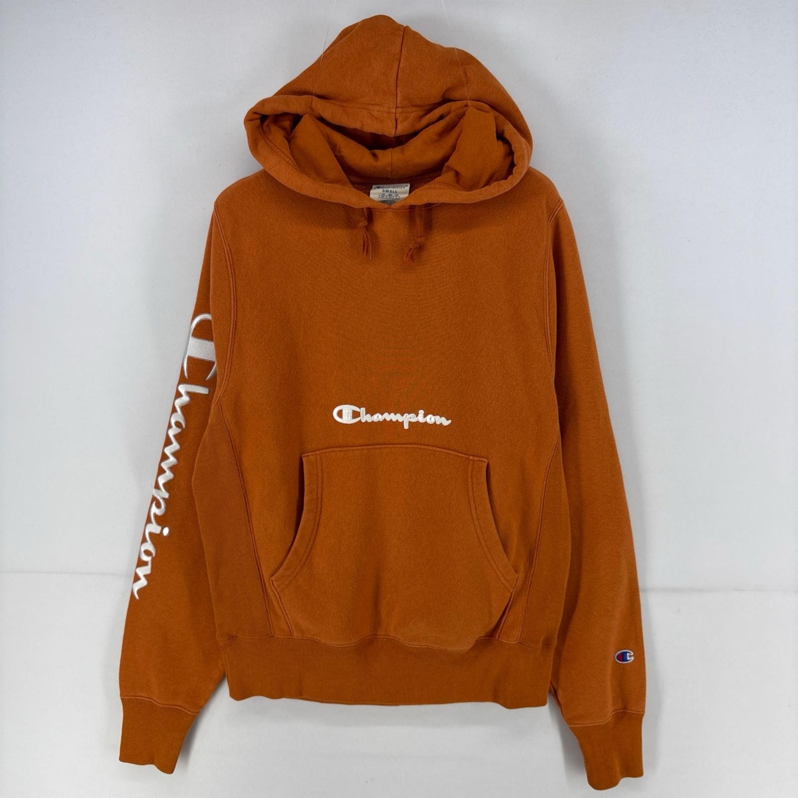 古着 チャンピオン Champion パーカー プルオーバー ロゴ 刺繍 リバースウィーブ スウェット 袖ロゴ S  オレンジ メンズ
