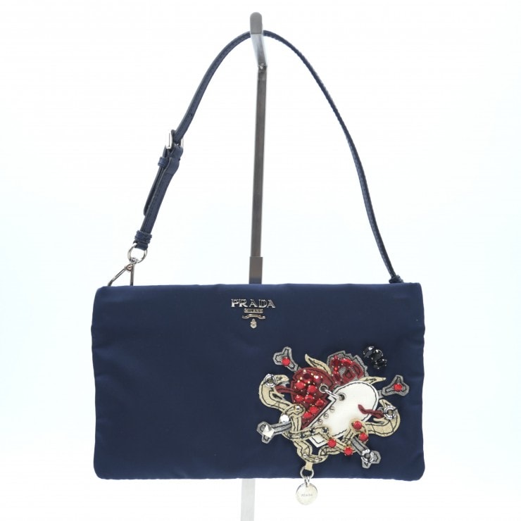 PRADA(プラダ)テスートナイロン ハンドバッグ ポーチ ハートモチーフ ビジュー ネイビー シルバー金具 レディース イタリア製【中古】
