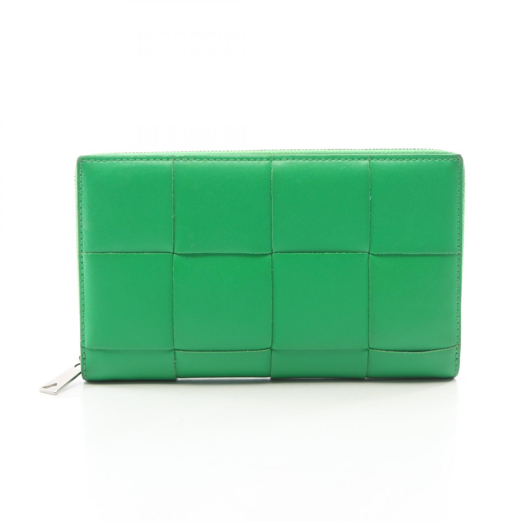 ボッテガヴェネタ BOTTEGA VENETA ジップアラウンドウォレット マキシイントレチャート ラウンド長財布 財布 レザー レディース グリーン系 【中古】