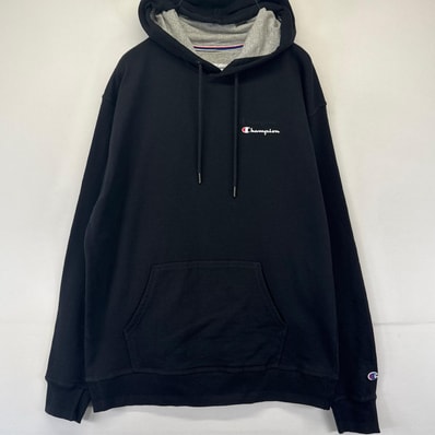 古着 チャンピオン Champion パーカー プルオーバー スウェット ワンポイントプリントロゴ 袖刺繍ワンポイント L ブラック系 メンズ