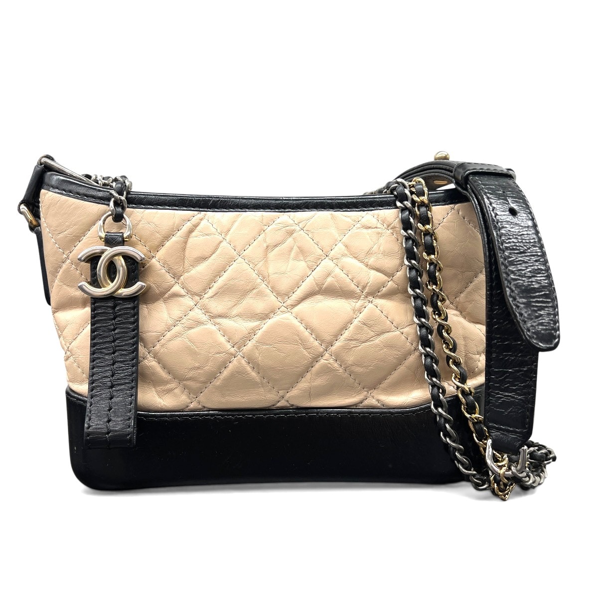 CHANEL 美品 シャネル ガブリエル ドゥ シャネル スモール ホーボー  Wチェーンショルダーバッグ A91810 エイジドカーフスキン レザー 26番台シリアル ベージュ ブラック マトラッセ ココマーク ABランク 中古 鑑定済 シャネルバッグ