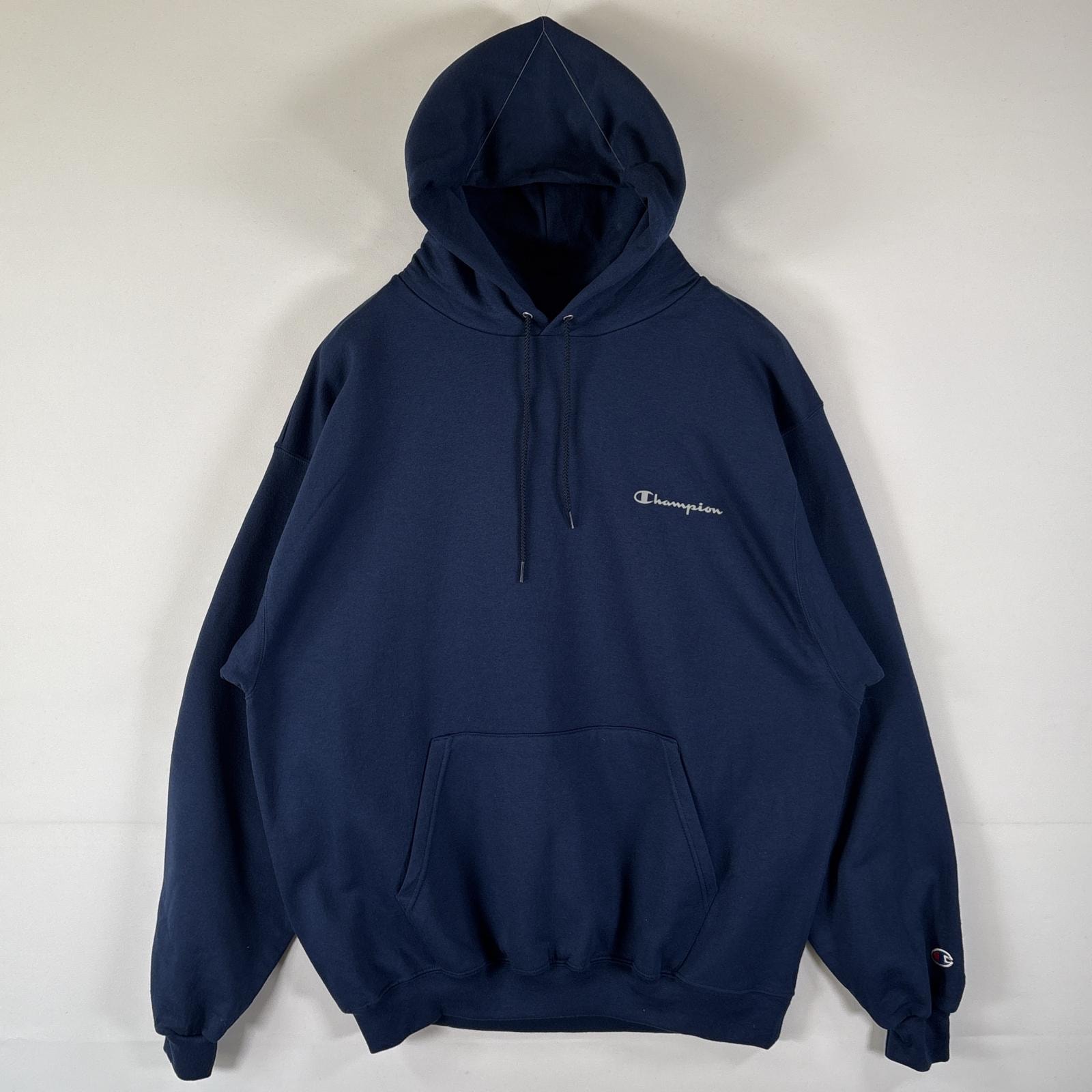 古着 チャンピオン Champion パーカー スウェット フーディ プルオーバー 大きいサイズ ワンポイントロゴプリント ワッペン XL  ネイビー メンズ