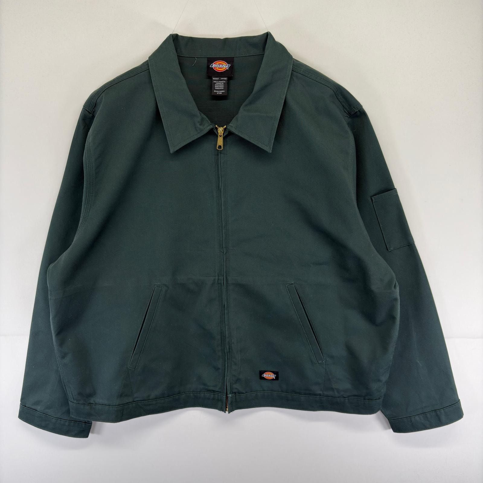古着 ディッキーズ Dickies ジャケット ワンポイントロゴ ワーク フルジップ 大きいサイズ 2XL  グリーン系 メンズ
