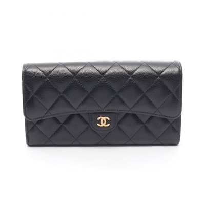 シャネル CHANEL クラシック ロング フラップ ウォレット マトラッセ 二つ折り長財布 財布 キャビアスキン(グレインドカーフ) レディース ブラック系 AP0241 【中古】